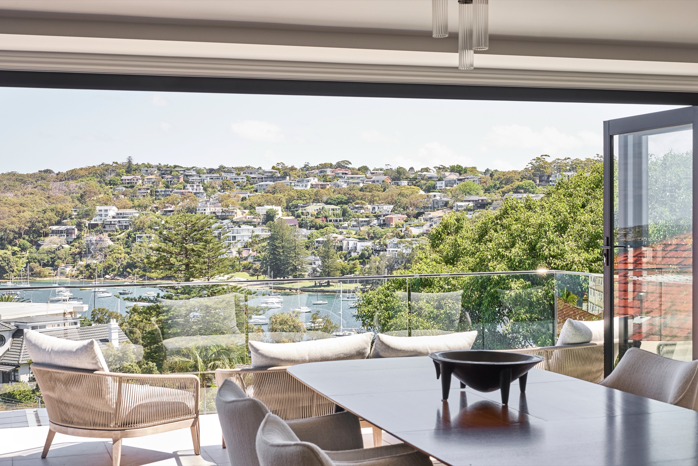 Harbour view from an elevated dining room, Fairlight